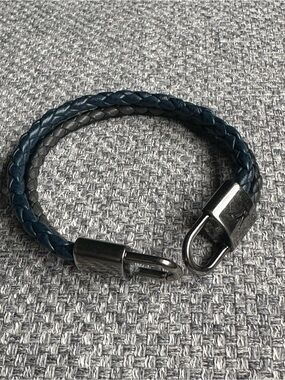 Louis Vuitton Braided Leather Padlock Bracelet Blue Grey 6.7” Wrist